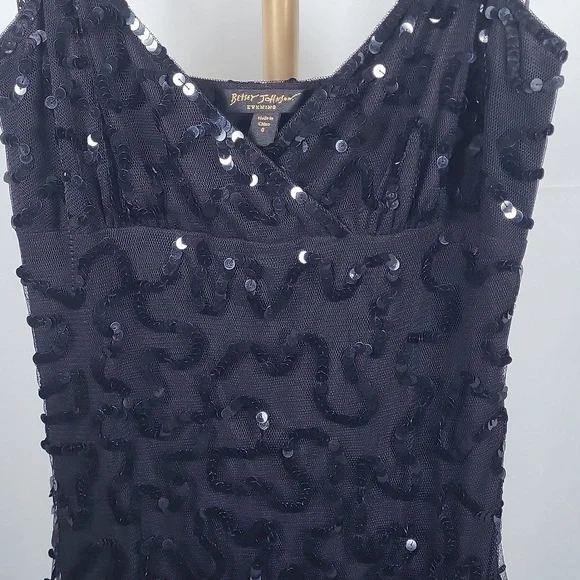 Betsey Johnson Black Sequin Mesh Flutter Spaghetti Strap Midi Evening Dress SZ4 Betsey Johnson Black Sequin Mesh Flutter Spaghetti Strap Midi Evening Dress SZ4